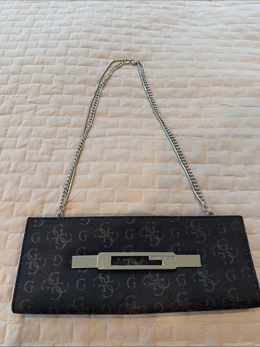 GUESS Black Monogram Double Chain-Strap Clutch